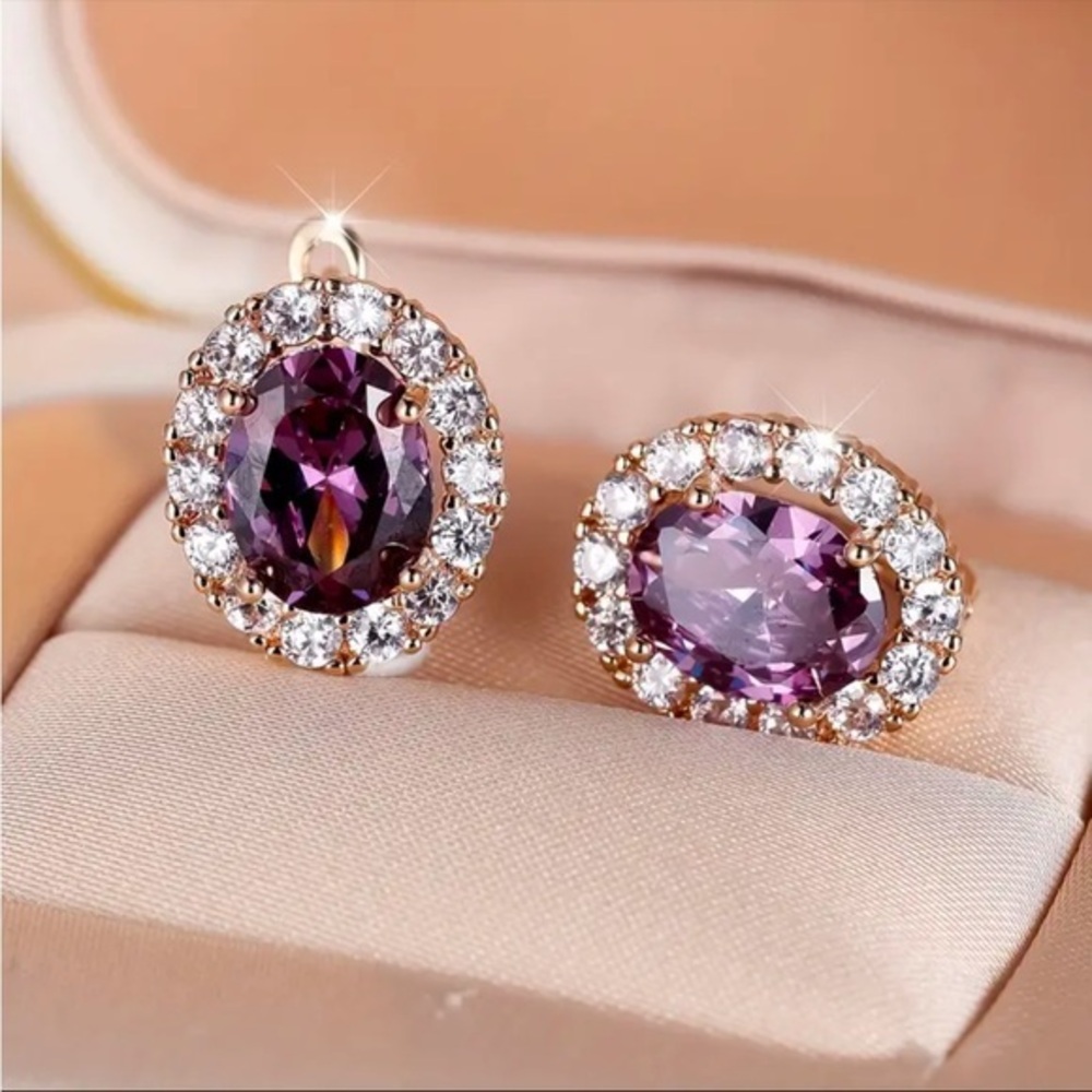 Purple Amethyst Halo Stud Earrings Silver Tone Crystal NWT